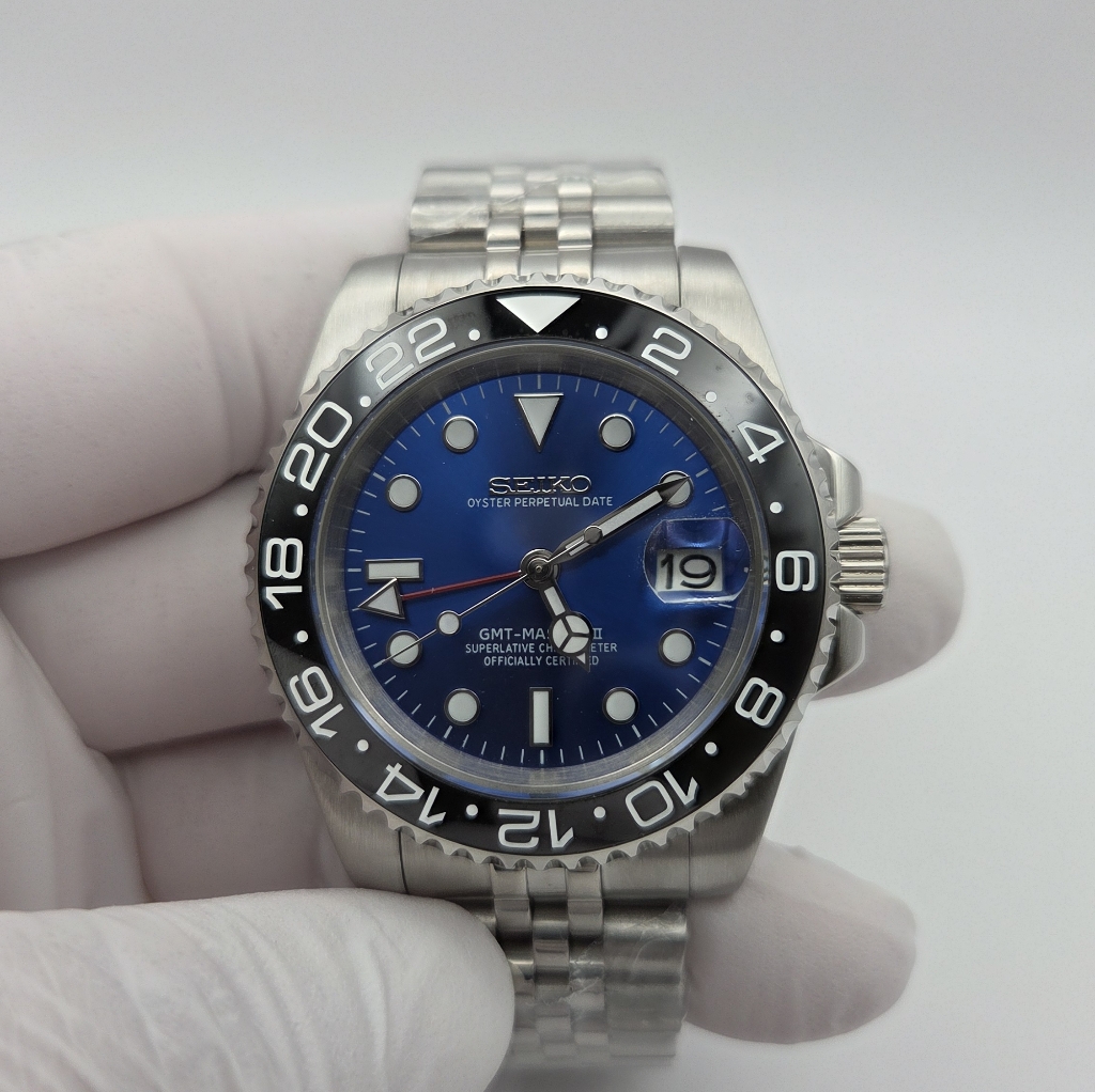 New Custom 40mm Seikomod Automatic Gmt Watch Blue Dial